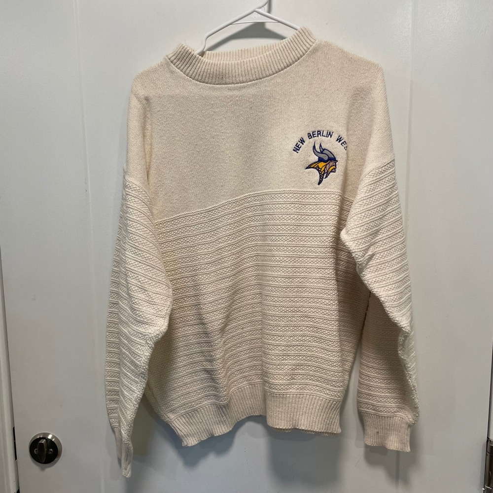Neff New Berlin West Vikings Vintage Knit Sweater Cream Mens Large Made in USA